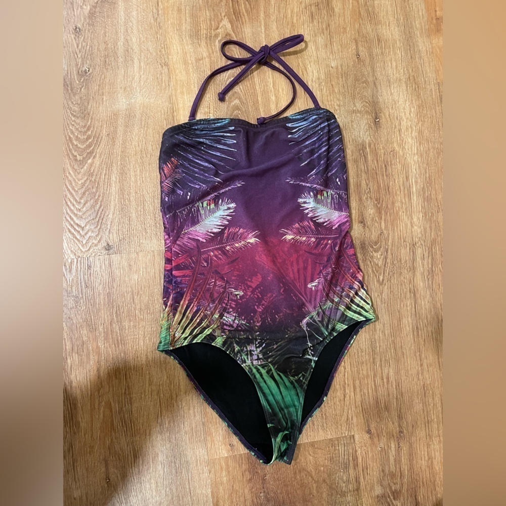 Swim suit H&M purple green and pink palm tree print one piece​​​​​​​
